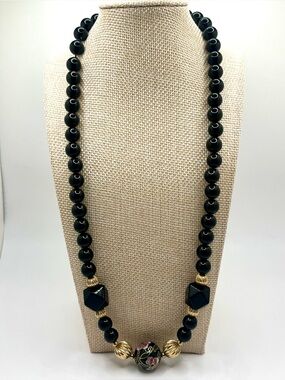 Vintage black bead necklace cloisonné focal bead gold tone accents